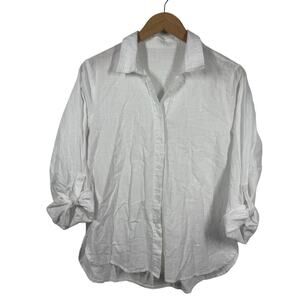 Womens Button Down Top L White Cotton Roll Tab Sleeve Minimal Coastal Grandma